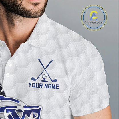 Funny Mens Golf Polo Shirt Patriotic American Flag Custom Name Shark Playing Golf Shirt Funny Golf Apparel NHN0018