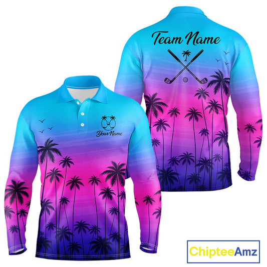 Pink Blue Neon Long Sleeve Golf Polo Shirt Custom Funny Blue Palm Golf Tops, Golfer Gifts NHN0157