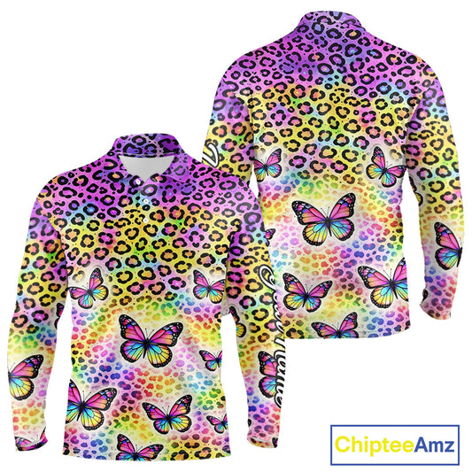 Long Slveeve Golf Polo Shirt Colorful Rainbow Leopard Print Pattern Custom Butterfly Team Golf Tops NHN0180