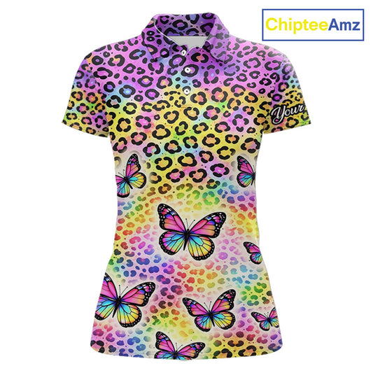 Womens Golf Polo Shirt Colorful Rainbow Leopard Print Custom Butterfly Team Ladies Golf Tops NHN0180