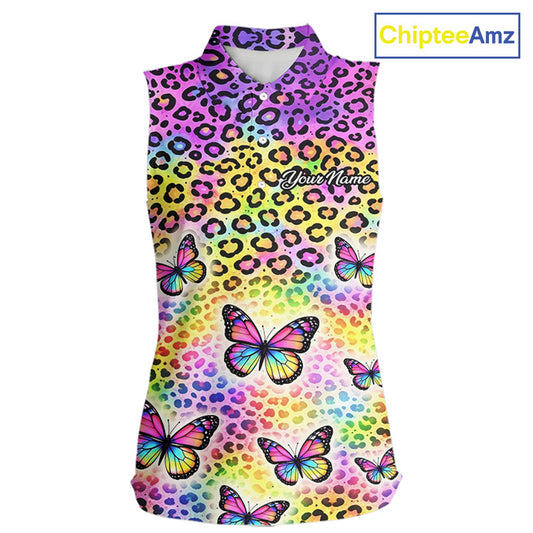 Womens Sleeveless Golf Polo Shirt Colorful Rainbow Leopard Print Custom Butterfly Team Golf Tops NHN0180