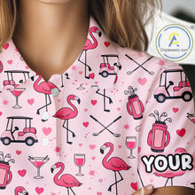 Load image into Gallery viewer, Funny Pink Flamingo Pattern Womens Golf Polo Shirt Custom Name Hawaiian Flamingo Golf Shirts NHN0191
