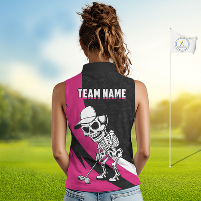 Funny Golf Sleeveless Polo Shirt Custom Pink & Black Golf Ball Skull Golf Attire For Women NHN0060
