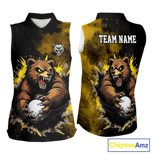 Womens Sleeveless Golf Polo Shirt  Custom Yellow And Black Grunge Pattern With Bear Grasping Golf Ball NHN0063