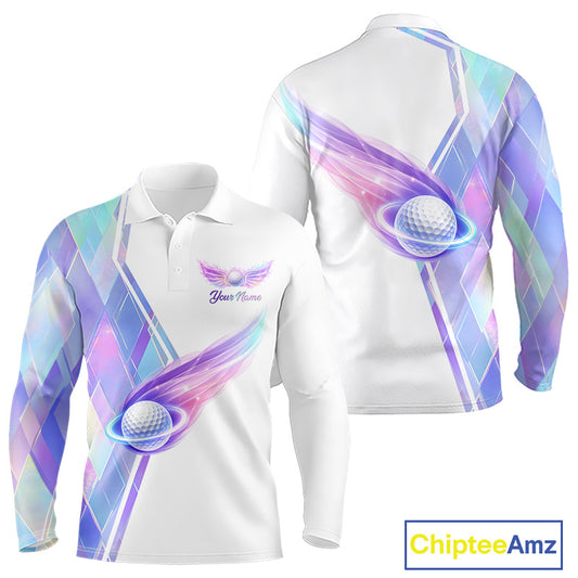 Long Sleeve Golf Polo Shirt Violet Square Plaid Pattern Custom Golf Ball Golf Tops For Men NHN0204