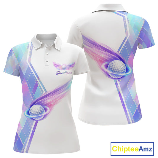 Womens Golf Polo Shirt Violet Square Plaid Pattern Custom Flame Golf Ball Golf Tops For Ladies NHN0204