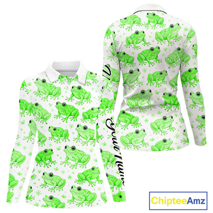 Funny Green Frog Pattern Womens Long Sleeve Golf Polo Shirts Custom Golf Attire For Ladies, Golfer Gift NHN0134