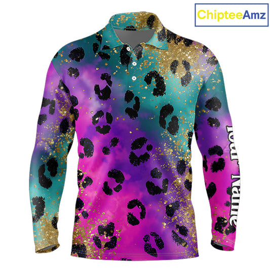 Long Sleeve Golf Polo Shirt Custom Colorful Neon Rainbow Leopard Pattern Team Golf Tops, Golf Gifts NHN0217