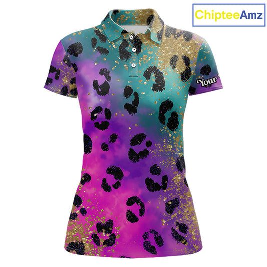 Leopard Womens Golf Polo Shirt Custom Colorful Neon Rainbow Leopard Pattern Team Golf Top, Golf Gifts NHN0217