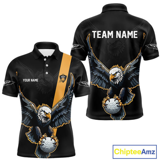 Eagle Mens Golf Polo Shirts Custom Golf Attire For Men, Black And Yellow Team Golf Top Personalized NHN0083