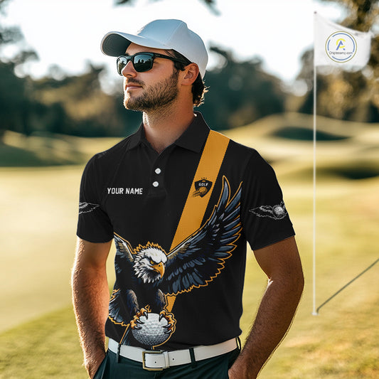Eagle Mens Golf Polo Shirts Custom Golf Attire For Men, Black And Yellow Team Golf Top Personalized NHN0083