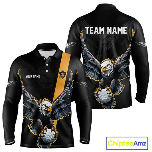 Long Sleeve Golf Polo Shirt Custom Eagle Golf Attire For Men, Black & Yellow Team Golf Top NHN0083