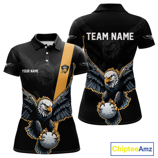 Eagle Womens Golf Polo Shirts Custom Golf Attire For Ladies, Black & Yellow Team Golf Top Personalized NHN0083