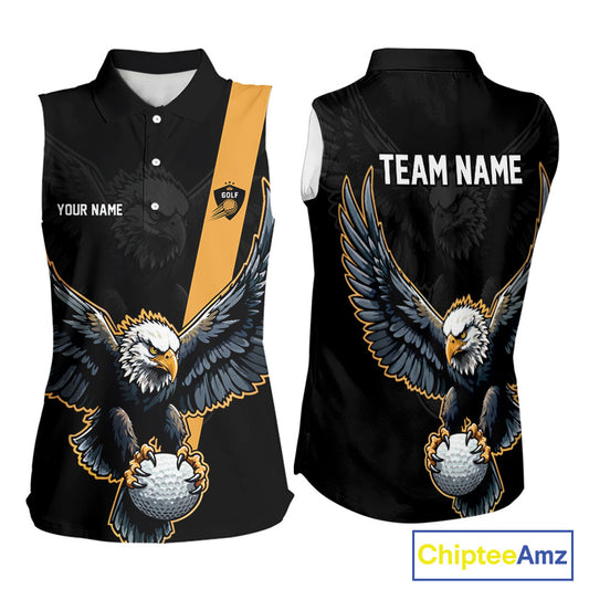 Womens Sleeveless Golf Polo Shirt Custom Eagle Golf Attire For Ladies, Black & Yellow Team Golf Top NHN0083