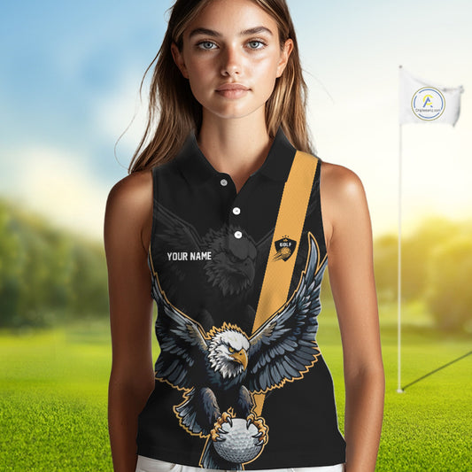 Womens Sleeveless Golf Polo Shirt Custom Eagle Golf Attire For Ladies, Black & Yellow Team Golf Top NHN0083