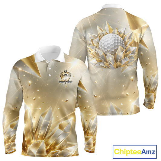 Long Sleeve Golf Polo Shirt Custom Gold Diamond Crystal Golf Ball Custom Name Golf Shirts For Group NHN0220