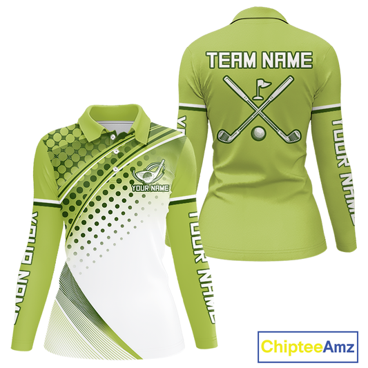 Womens Long Sleeve Golf Polo Shirt Custom Green & White Golf Shirts For Team Personalized Golf Gifts NHN0096