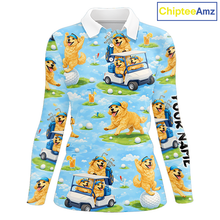 Load image into Gallery viewer, Womens Long Sleeve Golf Polo Shirt Custom Funny Golden Retriever Blue Team Golf Tops, Dog Lover Gift NHN0225