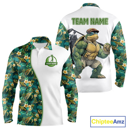 Funny Mens Long Sleeve Polo Golf Shirt Custom Green Tropical Leaf Pattern Personalized Turtle Golf Shirts For Men NHN0003