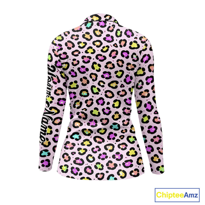 Womens Long Sleeve Golf Polo Shirt Custom Colorful Neon Rainbow Leopard Team Golf Shirt For Golf Lover NHN0154