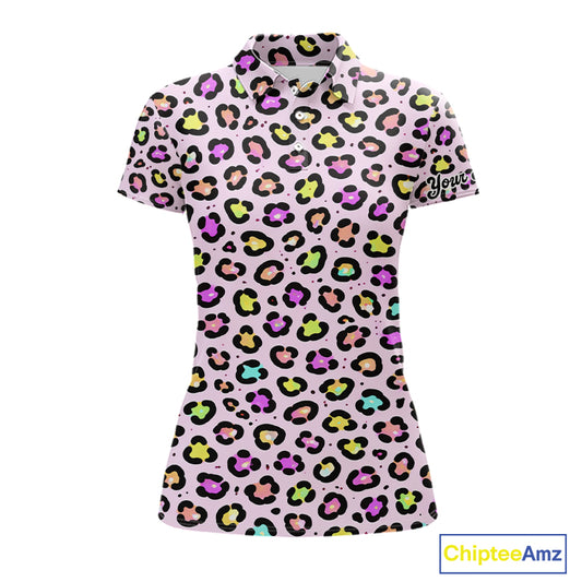Womens Golf Polo Shirts Custom Colorful Neon Rainbow Leopard Team Golf Shirt Gifts For Golf Lovers NHN0154