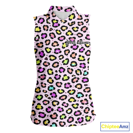 Womens Sleeveless Golf Polo Shirt Custom Colorful Neon Rainbow Leopard Team Golf Shirt For Golf Lovers NHN0154