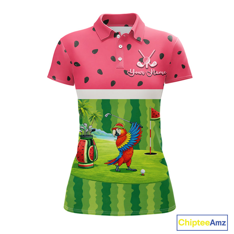 Funny Womens Golf Polo Shirt Custom Watermelon Tropical Pattern, Parrot Golf Shirts For Team NHN0183