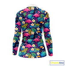 Load image into Gallery viewer, Womens Long Sleeve Golf Polo Shirt Custom Tropical Pattern, Flamingo Golf Shirts For Ladies NHN0099