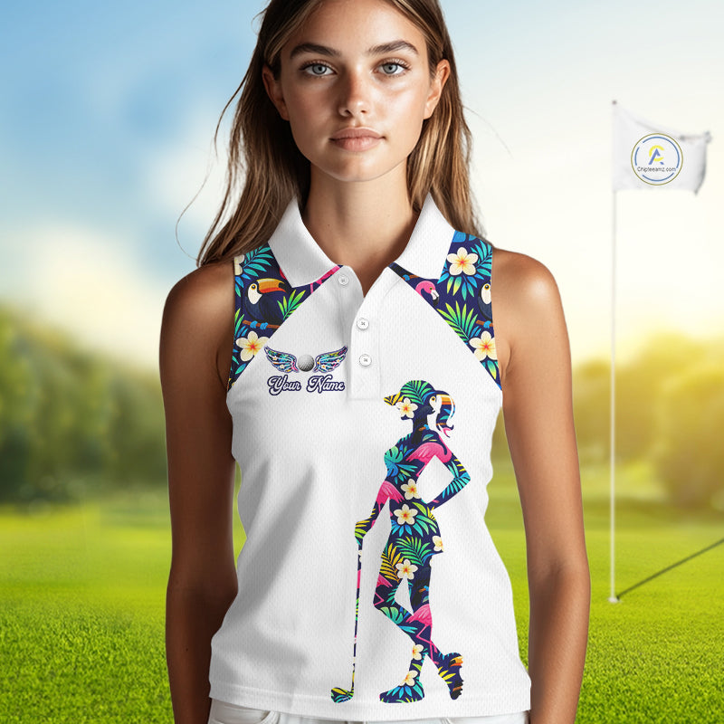 Funny Womens Sleeveless Golf Polo Shirt Custom Tropical Pattern, Flamingo Golf Shirts For Ladies NHN0099