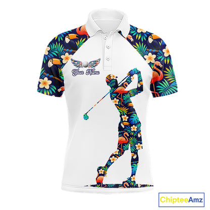 Funny Mens Golf Polo Shirt Custom Toucan Tropical Pattern, Flamingo Golf Shirts For Men NHN0099