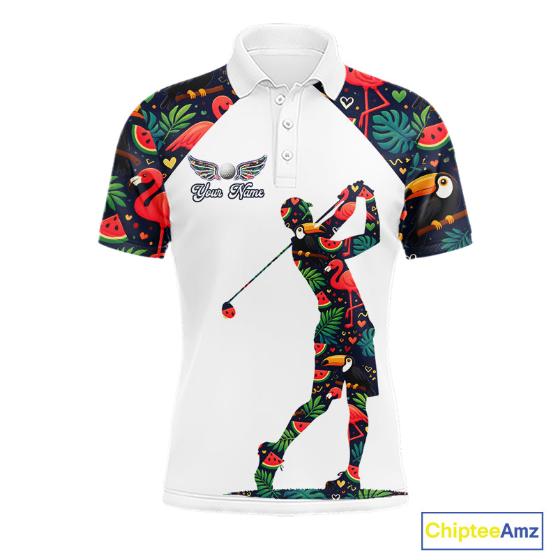 Funny Mens Golf Polo Shirt Custom Tropical Summer Pattern Flamingo Golf Shirts For Men NHN0099
