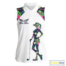 Load image into Gallery viewer, Funny Womens Sleeveless Golf Polo Shirt Custom Tropical Pattern, Flamingo Golf Shirt For Ladies NHN0099