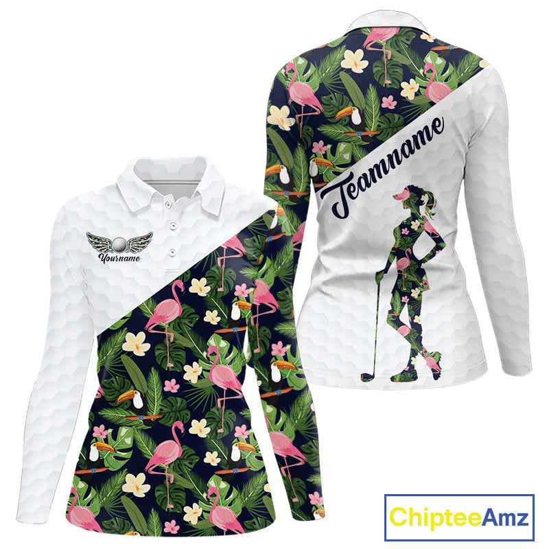 Womens Long Sleeve Golf Polo Shirt Custom Tropical Pattern, Flamingo Golf Shirts For Ladies NHN0192
