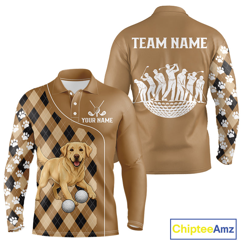 Funny Golden Retriever Long Sleeve Golf Polo Shirt Custom Argyle Plaid Pattern Team Golf Tops NHN0197