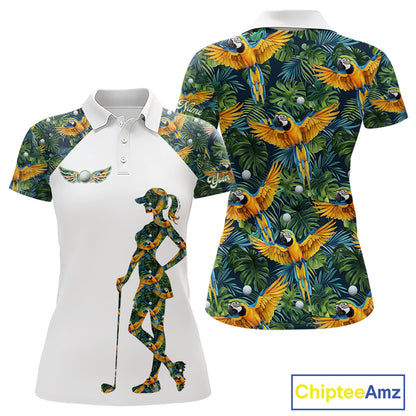 Womens Golf Polo Shirt Custom Colorful Parrots And Floral Tropical Pattern Team Golf Shirts, Golf Gifts NHN0093