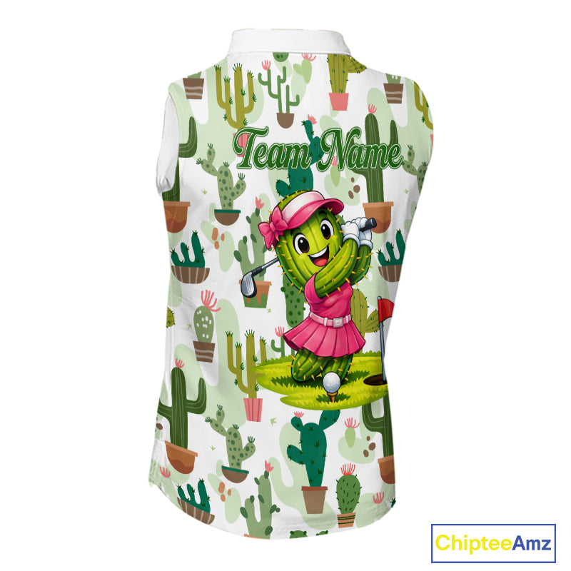 Funny Cactus Flower Womens Sleeveless Golf Polo Shirt Custom Name Golf Tops, Cactus Golf Shirt NHN0237