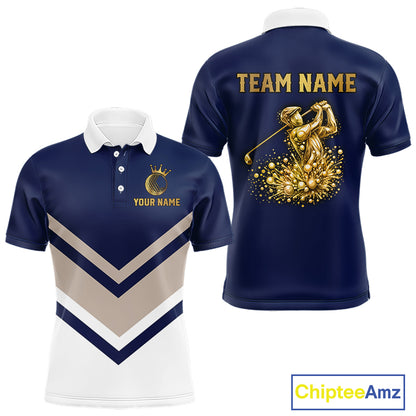 Blue And White Mens Golf Polo Shirt Custom Gold Golfer Swing & Golf Ball Graphic Team Polo, Golf Gifts NHN0115