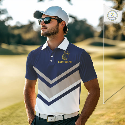 Blue And White Mens Golf Polo Shirt Custom Gold Golfer Swing & Golf Ball Graphic Team Polo, Golf Gifts NHN0115