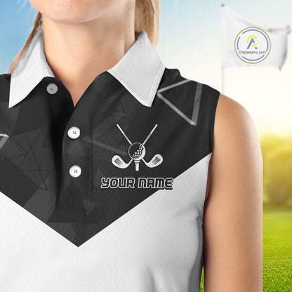 Womens Sleeveless Golf Polo Shirt Black Geometric Triangle Pattern Custom Name White Golf Tops For Ladies NHN0122