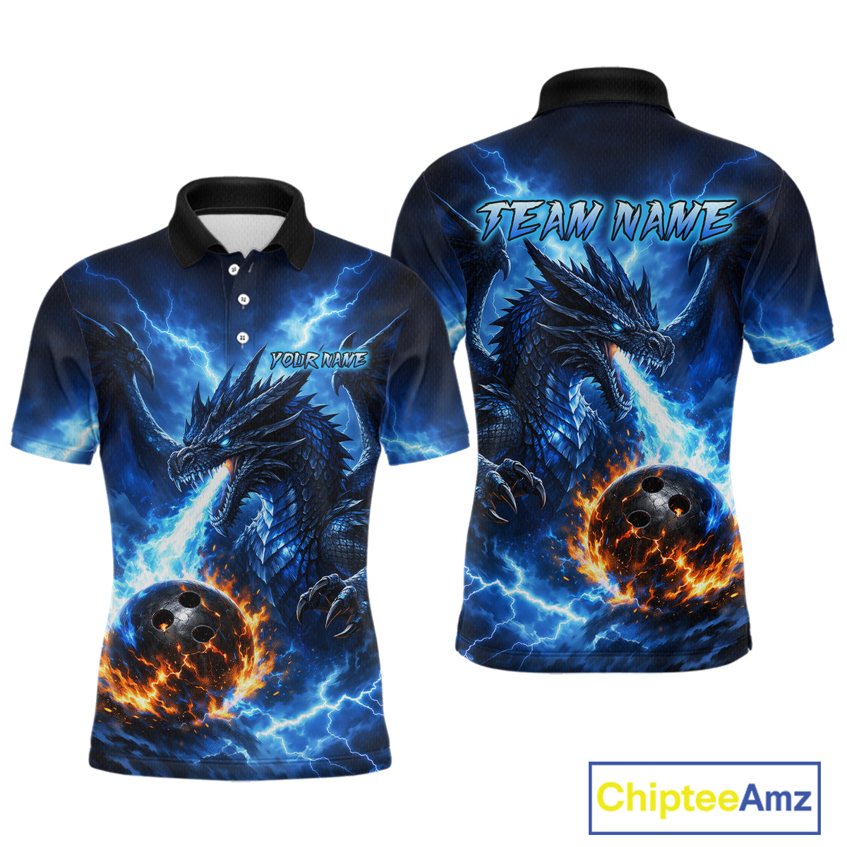 Custom Blue Thunder Dragon Bowling Jersey for Men Bowling Team Shirts Polo & 1/4 Zip HNT481