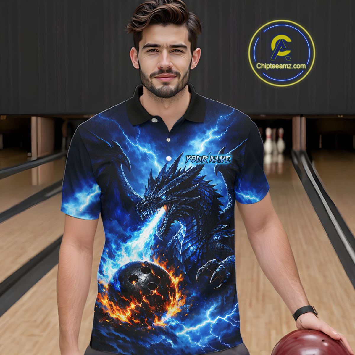 Custom Blue Thunder Dragon Bowling Jersey for Men Bowling Team Shirts Polo & 1/4 Zip HNT481