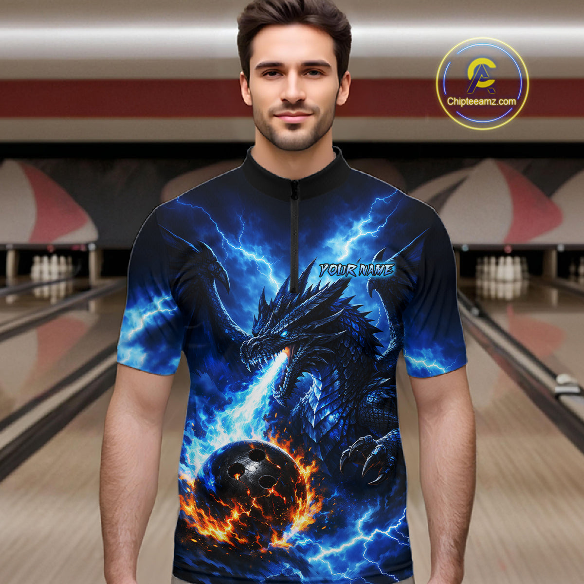 Custom Blue Thunder Dragon Bowling Jersey for Men Bowling Team Shirts Polo & 1/4 Zip HNT481