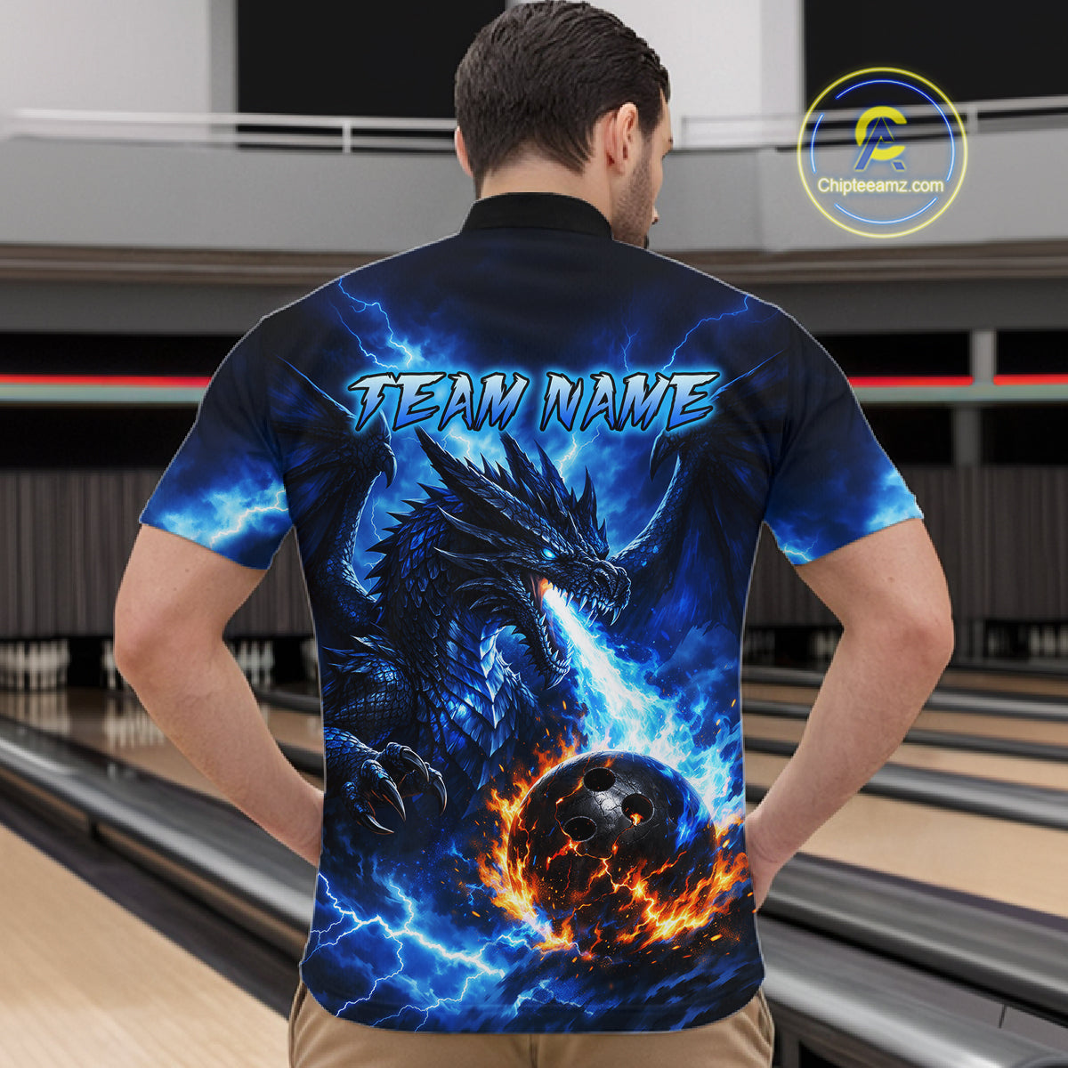 Custom Blue Thunder Dragon Bowling Jersey for Men Bowling Team Shirts Polo & 1/4 Zip HNT481