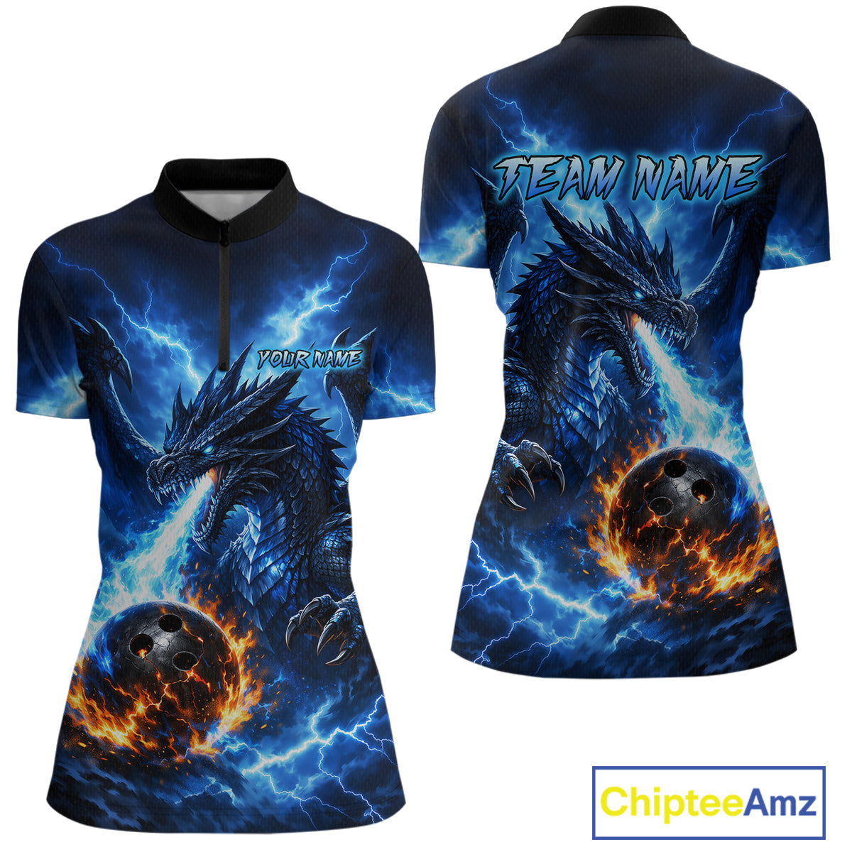 Custom Blue Thunder Dragon Bowling Jersey for Women Bowling Team Shirts Polo & 1/4 Zip HNT481