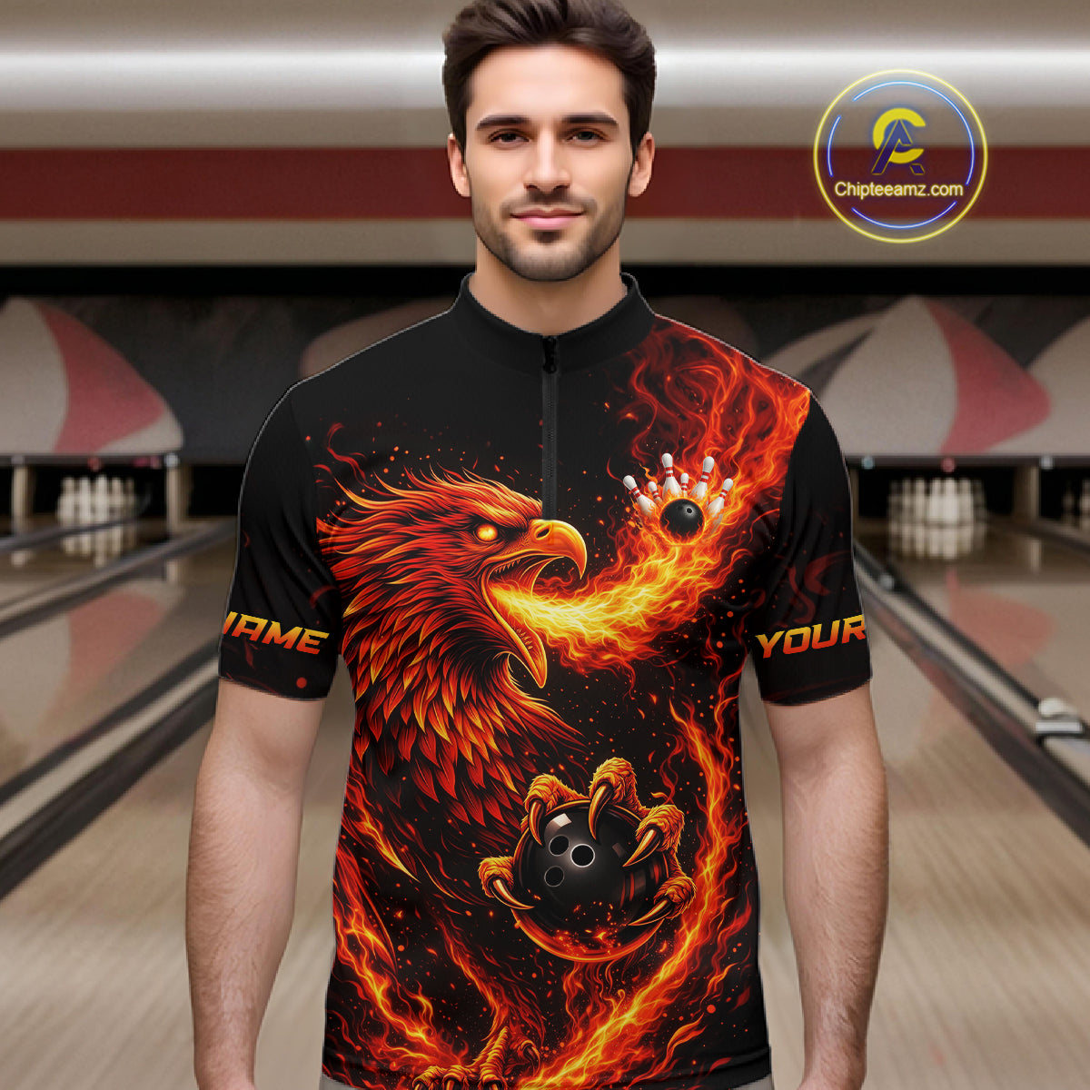 Flaming Eagle Bowling Shirts for Team Women Men Bowling Polo & 1/4 Zip Shirt Custom MBL243