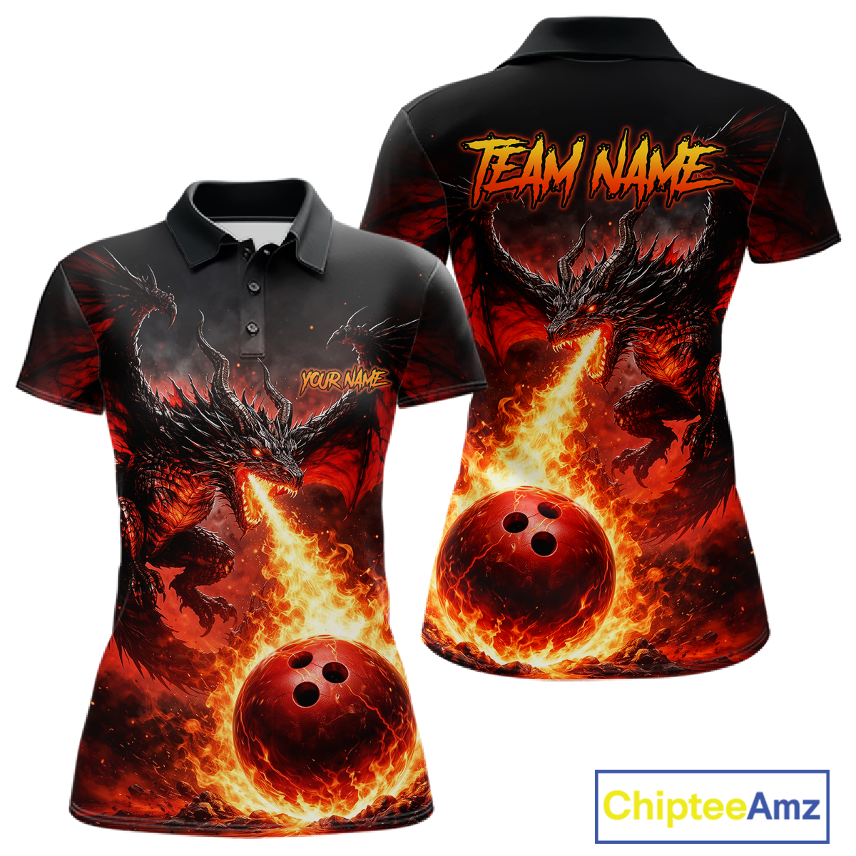 Custom Flame Dragon Bowling Jersey for Women Bowling Team Shirts Bowling League Polo & 1/4 Zip HNT482