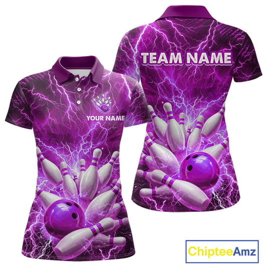 Purple Lightning Bowling Shirts for Team Women Men Custom Bowling Polo & 1/4 Zip Shirt MBL241