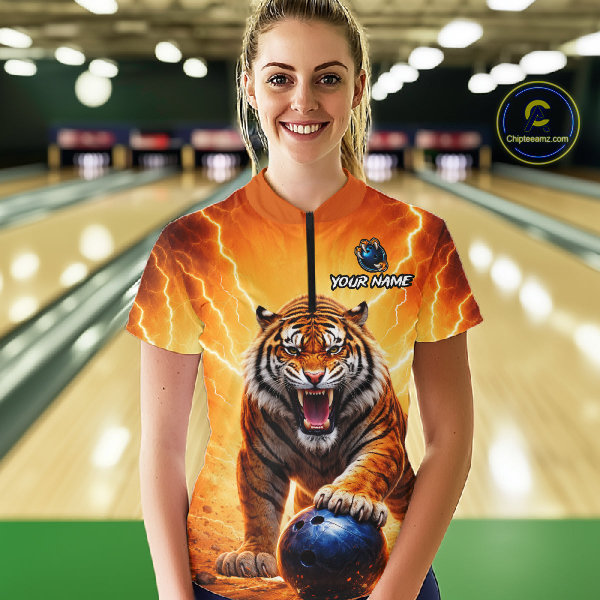 Custom Thunder Tiger Bowling Jersey for Women Bowling Team Shirts Bowling League Polo & 1/4 Zip HNT483