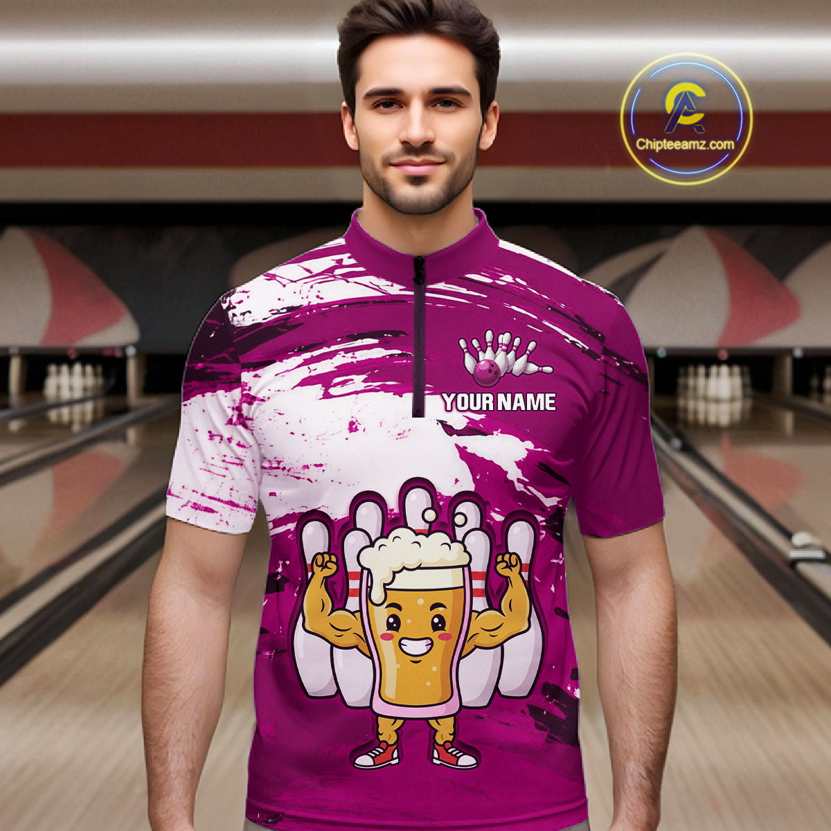 Pink Funny Beer Bowling Shirts for Women Men Team Bowling Polo&1/4 Zip Bowl League MBL253