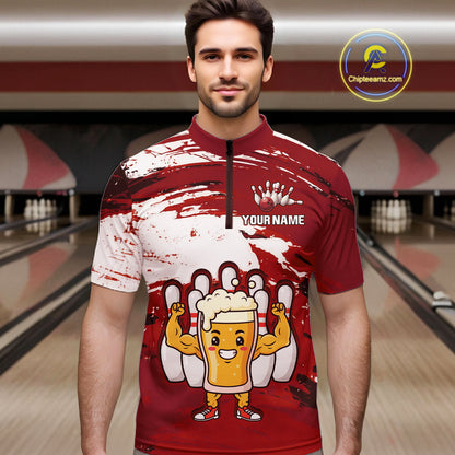 Red Funny Beer Bowling Shirts for Women Men Team Bowling Polo&1/4 Zip Bowl League MBL253